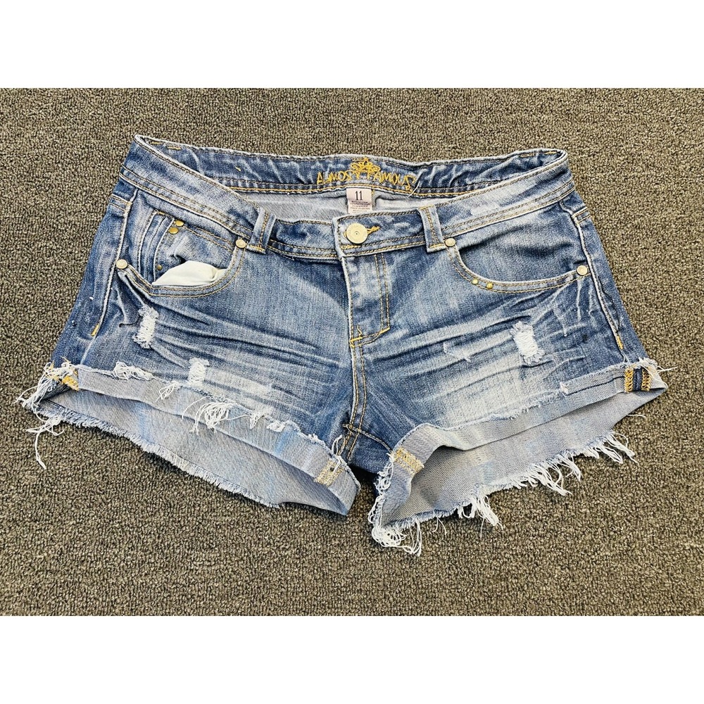 Almost Famous Cut Off Shorts Womens 11 Blue Denim Distressed Studded Raw Hem